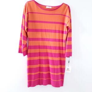 New Calvin Klein Sweater Dress Orange Pink Stripe Small, Long Sleeve